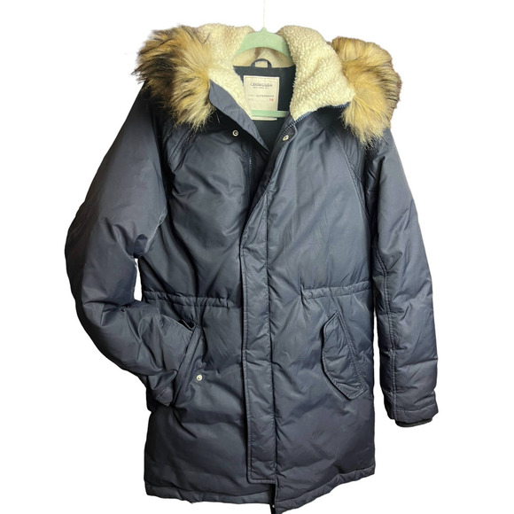 Crewcuts Boys 16 FISHTAIL PARKA Down Filled Jacket Sherpa Hood | Navy Blue F4506 - Picture 2 of 15